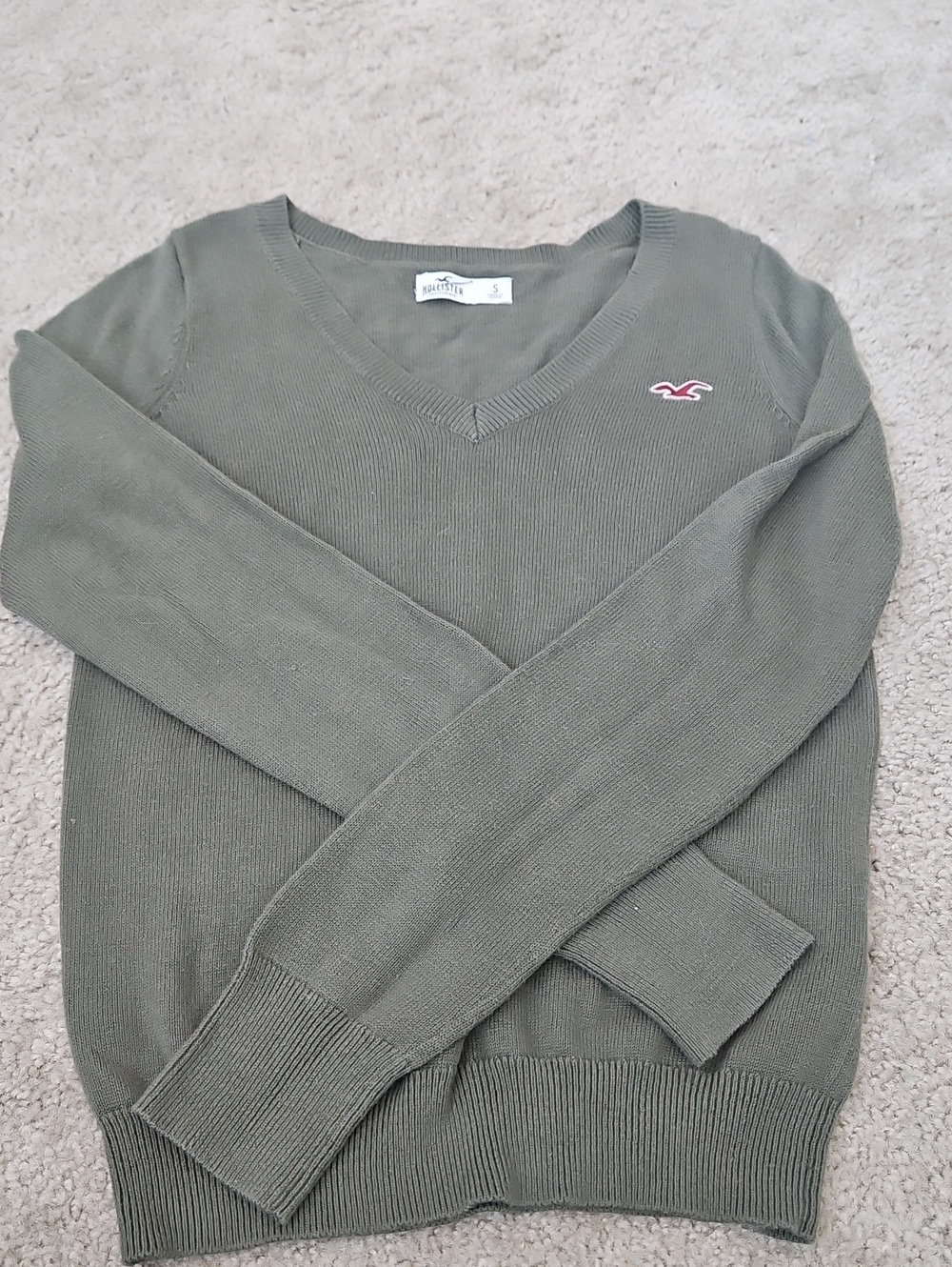 Hollister Olive V-Neck Sweater with Maroon Embroidered Logo